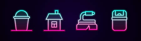 Set line Bucket, House, Brush for cleaning and Trash can. Glowing neon icon. Vectorのイラスト素材