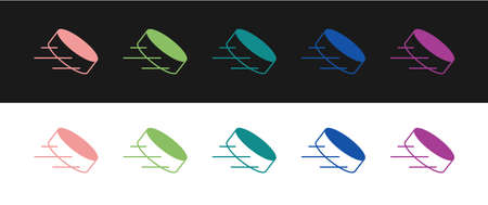 Set Hockey puck icon isolated on black and white background. Vectorのイラスト素材