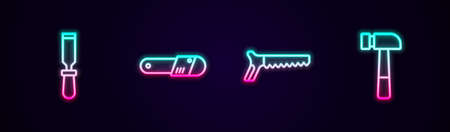 Set line Chisel tool, Chainsaw, Hand and Hammer. Glowing neon icon. Vector