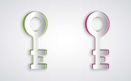 Paper cut Old key icon isolated on grey background. Paper art style. Vectorのイラスト素材