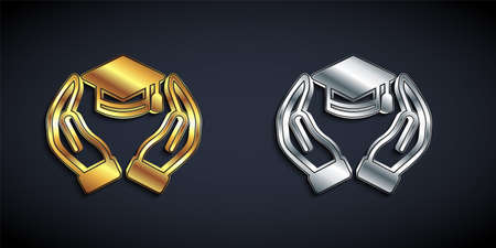 Gold and silver Education grant icon isolated on black background. Tuition fee, financial education, budget fund, scholarship program, graduation hat. Long shadow style. Vectorのイラスト素材