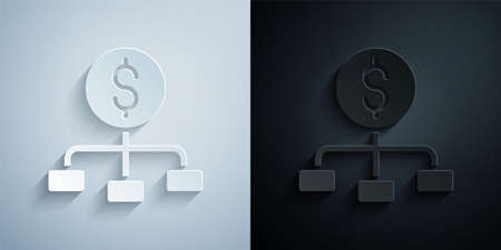 Paper cut Dollar on top of financial hierarchy icon isolated on grey and black background. Paper art style. Vectorのイラスト素材