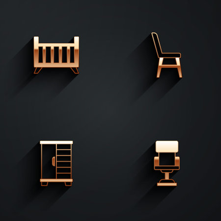 Set Baby crib cradle bed, Chair, Wardrobe and Office chair icon with long shadow. Vectorのイラスト素材