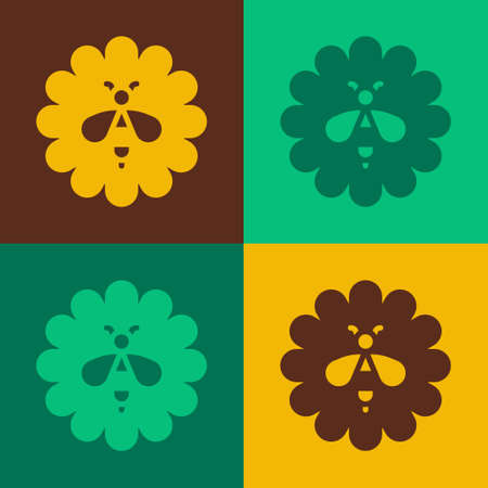 Pop art Bee on flower icon isolated on color background. Sweet natural food. Honeybee or apis with wings symbol. Flying insect. Vectorのイラスト素材