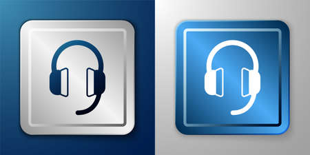White Headphones icon isolated on blue and grey background. Earphones. Concept for listening to music, service, communication and operator. Silver and blue square button. Vectorのイラスト素材