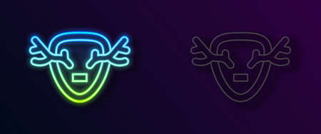 Glowing neon line Deer antlers on shield icon isolated on black background. Hunting trophy on wall. Vectorのイラスト素材