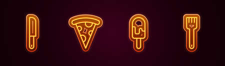 Set line Knife, Slice of pizza, Ice cream and Fork. Glowing neon icon. Vectorのイラスト素材
