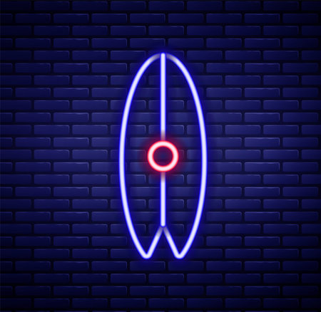 Glowing neon line Surfboard icon isolated on brick wall background. Surfing board. Extreme sport. Sport equipment. Colorful outline concept. Vectorのイラスト素材
