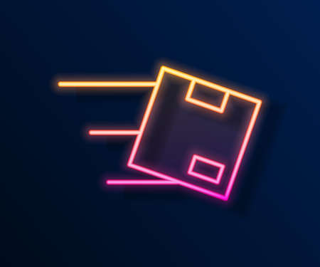 Glowing neon line Location with cardboard box icon isolated on black background. Delivery services, logistic and transportation, distribution. Vectorのイラスト素材