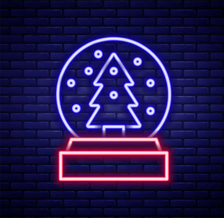 Glowing neon line Christmas snow globe with fallen snow and christmas tree icon isolated on brick wall background. Merry Christmas and Happy New Year. Colorful outline concept. Vectorのイラスト素材