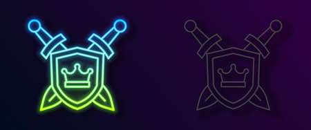 Glowing neon line Medieval shield with crossed swords icon isolated on black background. Vectorのイラスト素材