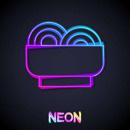 Glowing neon line Asian noodles in bowl and chopsticks icon isolated on black background. Street fast food. Korean, Japanese, Chinese food. Vectorのイラスト素材
