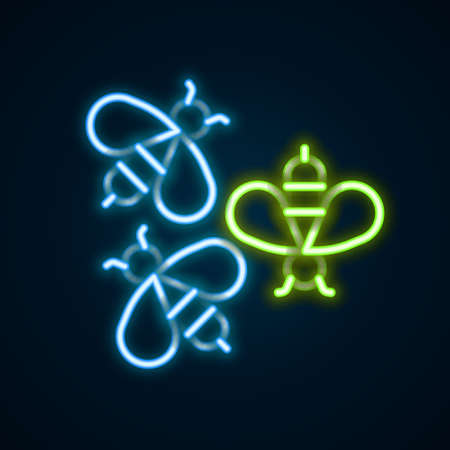 Glowing neon line Bees icon isolated on black background. Sweet natural food. Honeybee or apis with wings symbol. Flying insect. Colorful outline concept. Vectorのイラスト素材