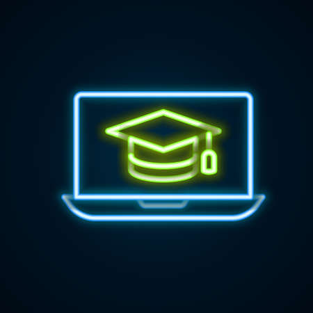 Glowing neon line Graduation cap on screen laptop icon isolated on black background. Online learning or e-learning concept. Colorful outline concept. Vectorのイラスト素材