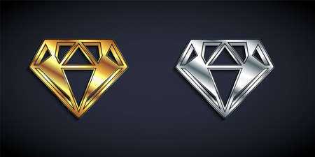 Gold and silver Diamond icon isolated on black background. Jewelry symbol. Gem stone. Long shadow style. Vectorのイラスト素材