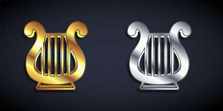 Gold and silver Ancient Greek lyre icon isolated on black background. Classical music instrument,...