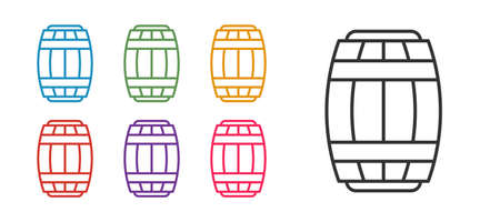 Set line Wooden barrel icon isolated on white background. Alcohol barrel, drink container, wooden...