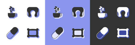 Set Pillow, Chamomile tea, Sleeping pill and Travel neck pillow icon. Vector