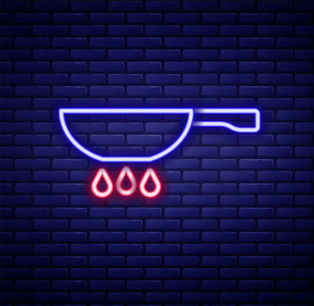 Glowing neon line Frying pan on fire icon isolated on brick wall background. Fry or roast food symbol. Colorful outline concept. Vectorのイラスト素材