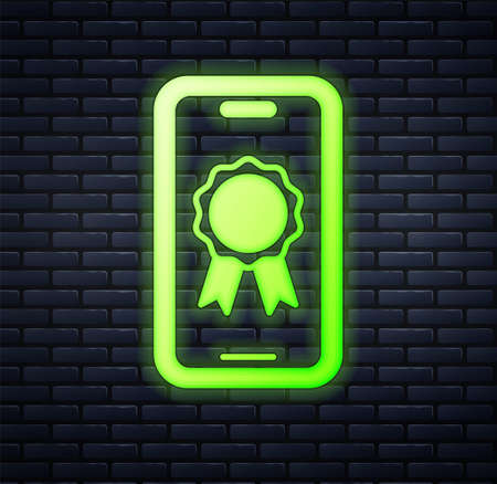 Glowing neon Online education with diploma icon isolated on brick wall background. Diploma online at home. Webinar and video seminar learning. Vectorのイラスト素材