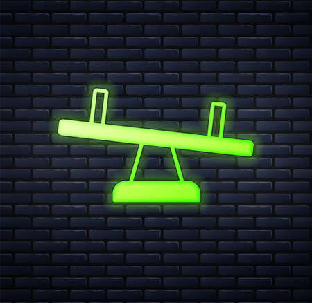 Glowing neon Seesaw icon isolated on brick wall background. Teeter equal board. Playground symbol. Vectorのイラスト素材
