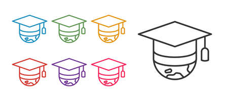 Set line Graduation cap on globe icon isolated on white background. World education symbol. Online learning or e-learning concept. Set icons colorful. Vectorのイラスト素材