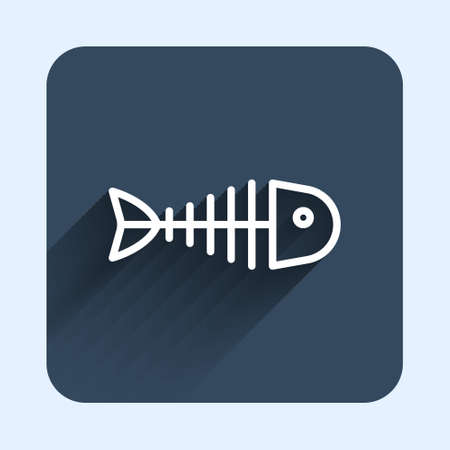 White line Fish skeleton icon isolated with long shadow background. Fish bone sign. Blue square button. Vectorのイラスト素材
