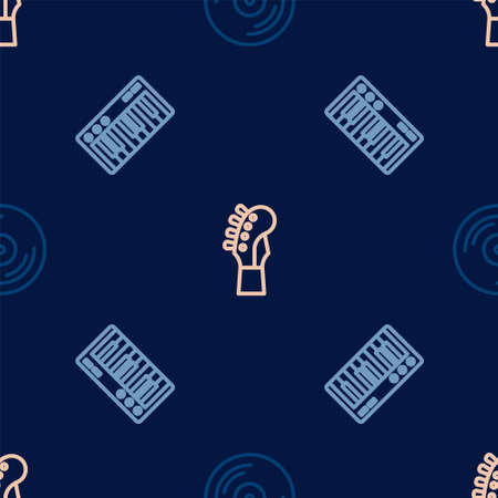 Set line Vinyl disk, Music synthesizer and Guitar neck on seamless pattern. Vectorのイラスト素材