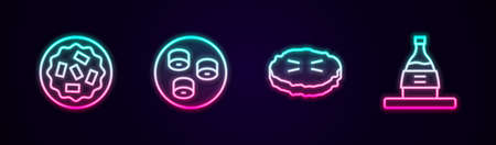 Set line Homemade pie, Sushi, and Bottle of sake. Glowing neon icon. Vectorのイラスト素材
