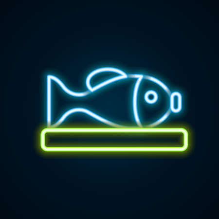 Glowing neon line Served fish on a plate icon isolated on black background. Colorful outline concept. Vectorのイラスト素材