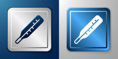 White Medical thermometer for medical examination icon isolated on blue and grey background. Silver and blue square button. Vectorのイラスト素材