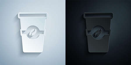 Paper cut Coffee cup to go icon isolated on grey and black background. Paper art style. Vectorのイラスト素材