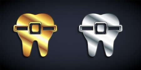 Gold and silver Teeth with braces icon isolated on black background. Alignment of bite of teeth,...