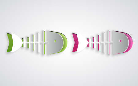 Paper cut Fish skeleton icon isolated on grey background. Fish bone sign. Paper art style. Vectorのイラスト素材