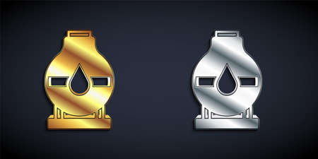 Gold and silver Oil tank storage icon isolated on black background. Vessel tank for oil and gas industrial. Oil tank technology station. Long shadow style. Vectorのイラスト素材