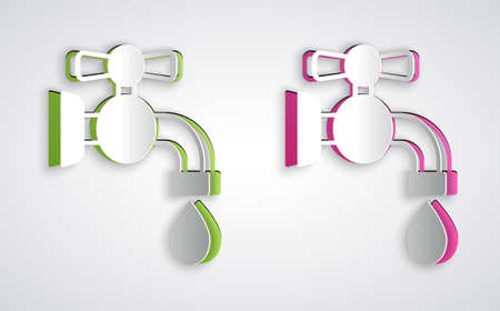 Paper cut Water tap icon isolated on grey background. Paper art style. Vectorのイラスト素材
