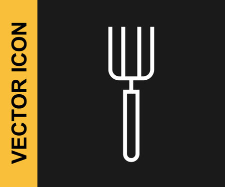 White line Garden pitchfork icon isolated on black background. Garden fork sign. Tool for horticulture, agriculture, farming. Vectorのイラスト素材