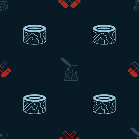 Set Crossed hammer, Wooden axe in stump and logs on seamless pattern. Vectorのイラスト素材