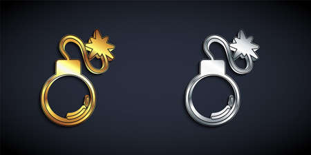Gold and silver Bomb ready to explode icon isolated on black background. Long shadow style. Vectorのイラスト素材