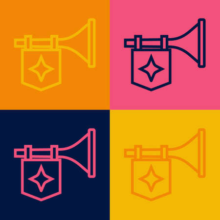 Pop art line Trumpet with flag icon isolated on color background. Musical instrument trumpet. Vectorのイラスト素材