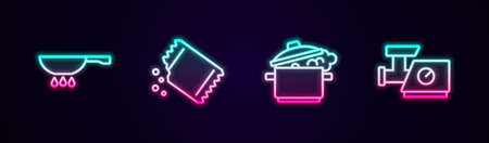 Set line Frying pan on fire, Packet of pepper, Cooking pot and Kitchen meat grinder. Glowing neon icon. Vectorのイラスト素材