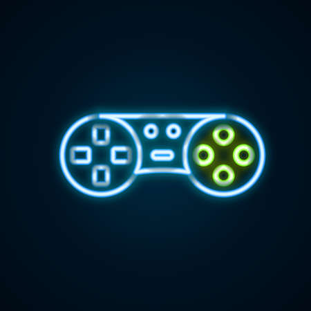 Glowing neon line Game controller or joystick for game console icon isolated on black background....
