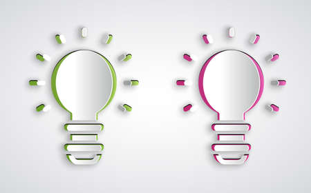 Paper cut Creative lamp light idea icon isolated on grey background. Concept ideas inspiration, invention, effective thinking, knowledge and education. Paper art style. Vectorのイラスト素材
