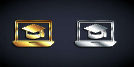Gold and silver Graduation cap on screen laptop icon isolated on black background. Online learning or e-learning concept. Long shadow style. Vectorのイラスト素材