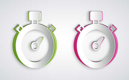 Paper cut Stopwatch icon isolated on grey background. Time timer sign. Chronometer sign. Paper art style. Vectorのイラスト素材