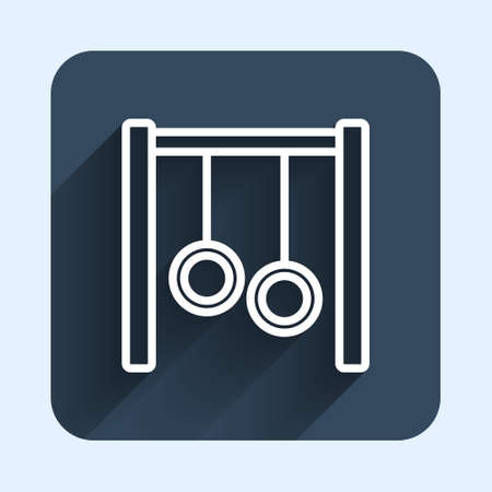 White line Gymnastic rings icon isolated with long shadow background. Playground equipment with hanging rope with rings. Blue square button. Vectorのイラスト素材