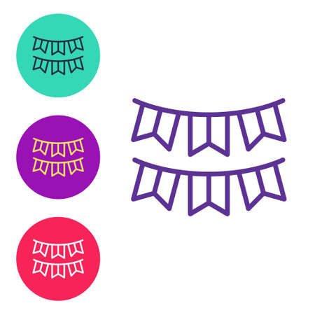 Set line Carnival garland with flags icon isolated on white background. Party pennants for birthday celebration, festival decoration. Set icons colorful. Vectorのイラスト素材