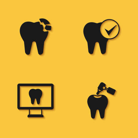 Set Broken tooth, Tooth with caries and drill, Online dental care and icon with long shadow. Vectorのイラスト素材