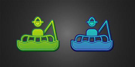 Green and blue Fisherman sitting in a boat and fishing with a rod icon isolated on black background. Vectorのイラスト素材