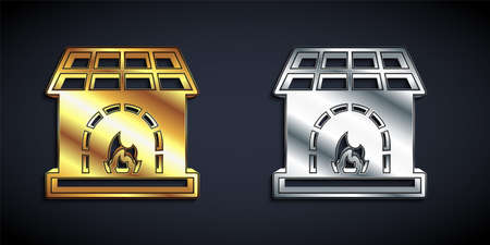 Gold and silver Blacksmith oven icon isolated on black background. Long shadow style. Vectorのイラスト素材